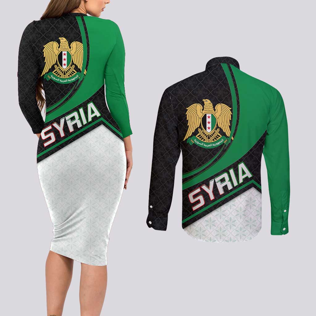 Syria Revolution Emblem Couples Matching Long Sleeve Bodycon Dress and Long Sleeve Button Shirt with Traditional Pattern and Curved Green Black Design