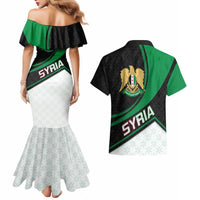 Syria Revolution Emblem Couples Matching Mermaid Dress and Hawaiian Shirt with Traditional Pattern and Curved Green Black Design