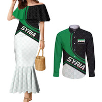 Syria Revolution Emblem Couples Matching Mermaid Dress and Long Sleeve Button Shirt with Traditional Pattern and Curved Green Black Design
