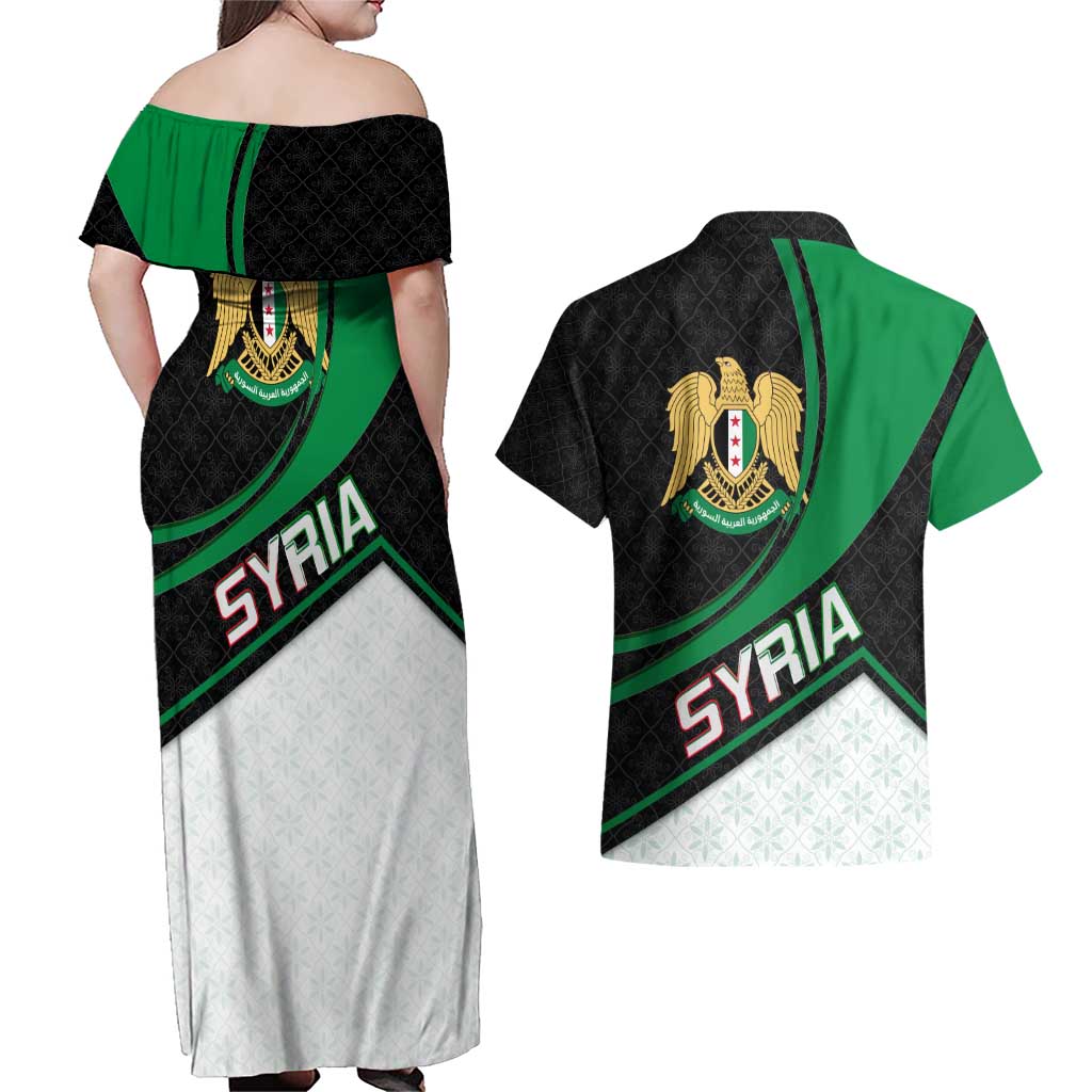 Syria Revolution Emblem Couples Matching Off Shoulder Maxi Dress and Hawaiian Shirt with Traditional Pattern and Curved Green Black Design