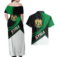 Syria Revolution Emblem Couples Matching Off Shoulder Maxi Dress and Hawaiian Shirt with Traditional Pattern and Curved Green Black Design