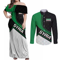 Syria Revolution Emblem Couples Matching Off Shoulder Maxi Dress and Long Sleeve Button Shirt with Traditional Pattern and Curved Green Black Design