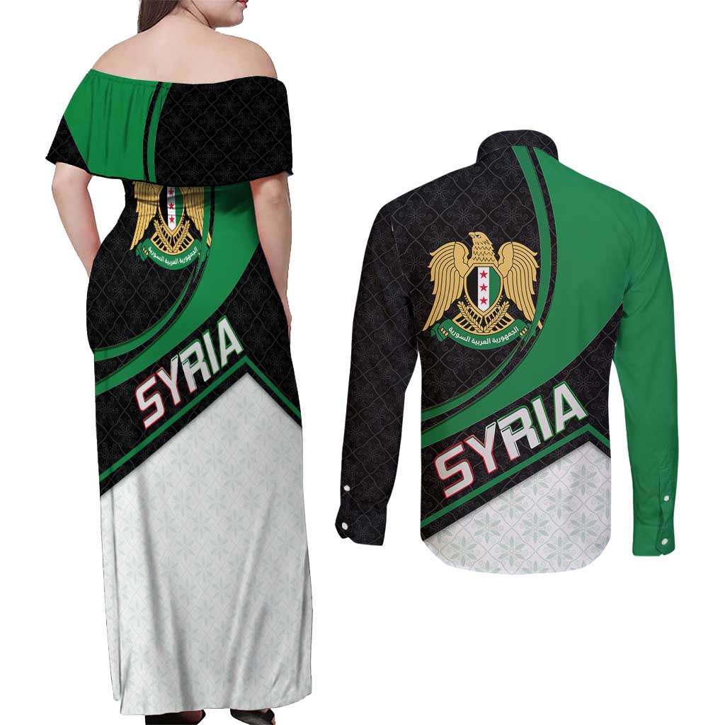 Syria Revolution Emblem Couples Matching Off Shoulder Maxi Dress and Long Sleeve Button Shirt with Traditional Pattern and Curved Green Black Design