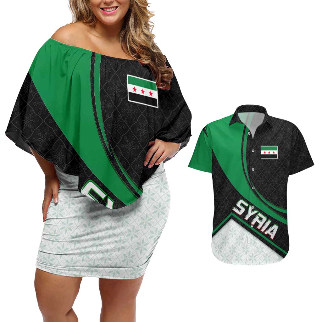 Syria Revolution Emblem Couples Matching Off Shoulder Short Dress and Hawaiian Shirt with Traditional Pattern and Curved Green Black Design