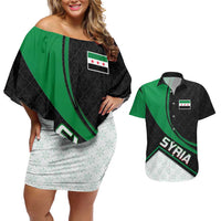 Syria Revolution Emblem Couples Matching Off Shoulder Short Dress and Hawaiian Shirt with Traditional Pattern and Curved Green Black Design