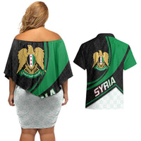 Syria Revolution Emblem Couples Matching Off Shoulder Short Dress and Hawaiian Shirt with Traditional Pattern and Curved Green Black Design
