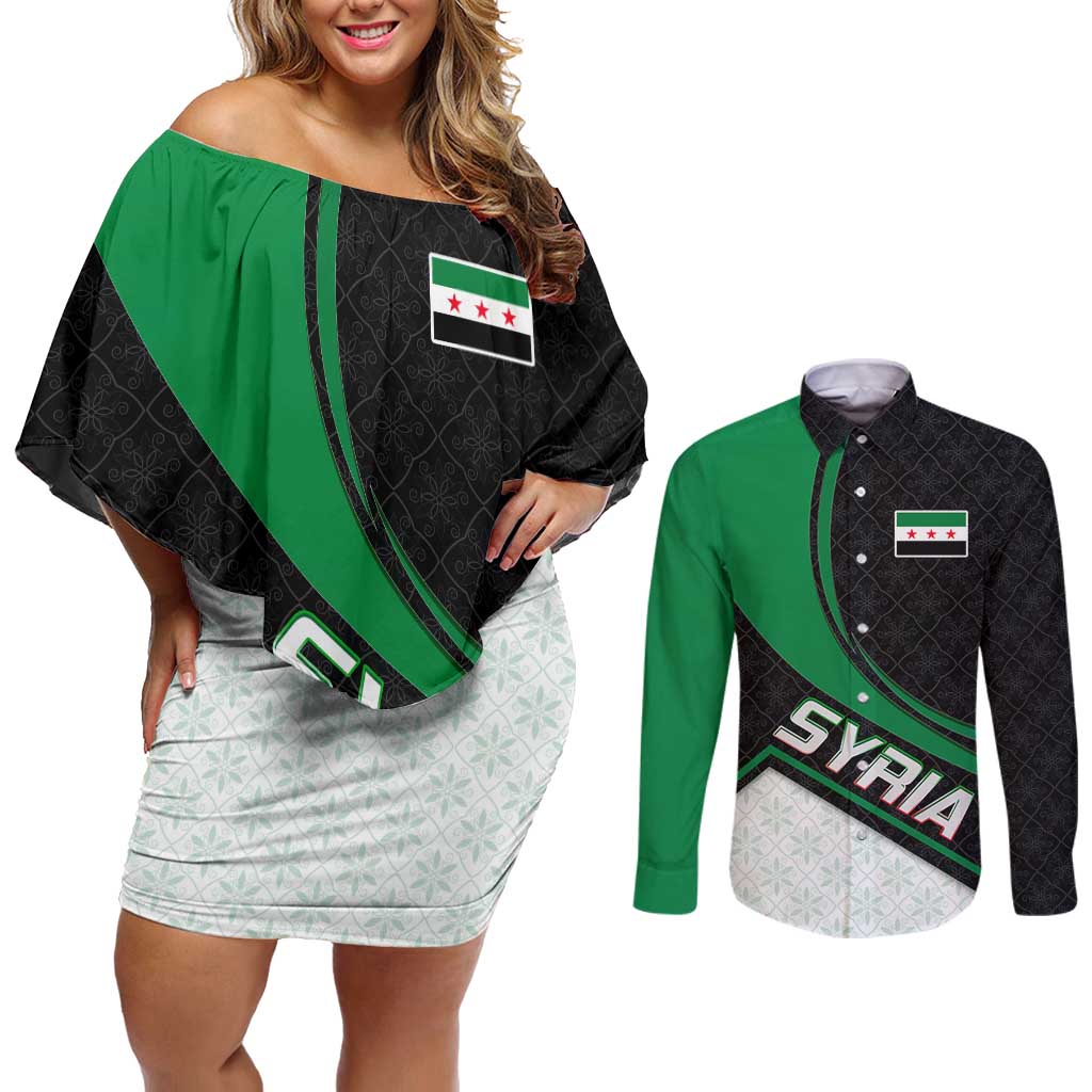 Syria Revolution Emblem Couples Matching Off Shoulder Short Dress and Long Sleeve Button Shirt with Traditional Pattern and Curved Green Black Design