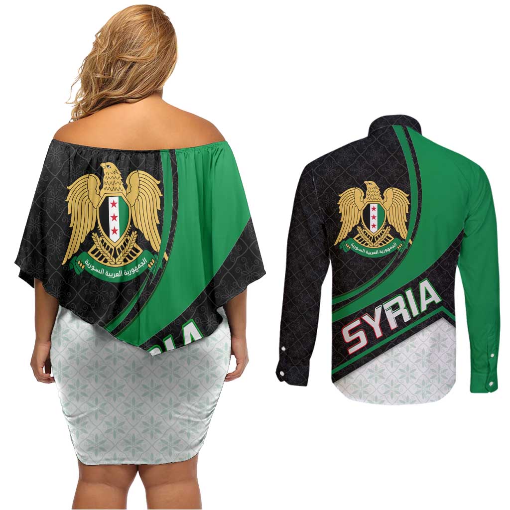 Syria Revolution Emblem Couples Matching Off Shoulder Short Dress and Long Sleeve Button Shirt with Traditional Pattern and Curved Green Black Design