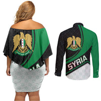 Syria Revolution Emblem Couples Matching Off Shoulder Short Dress and Long Sleeve Button Shirt with Traditional Pattern and Curved Green Black Design