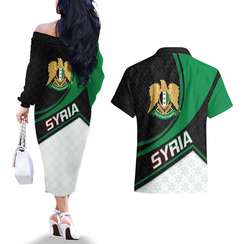 Syria Revolution Emblem Couples Matching Off The Shoulder Long Sleeve Dress and Hawaiian Shirt with Traditional Pattern and Curved Green Black Design