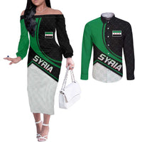 Syria Revolution Emblem Couples Matching Off The Shoulder Long Sleeve Dress and Long Sleeve Button Shirt with Traditional Pattern and Curved Green Black Design