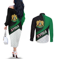 Syria Revolution Emblem Couples Matching Off The Shoulder Long Sleeve Dress and Long Sleeve Button Shirt with Traditional Pattern and Curved Green Black Design