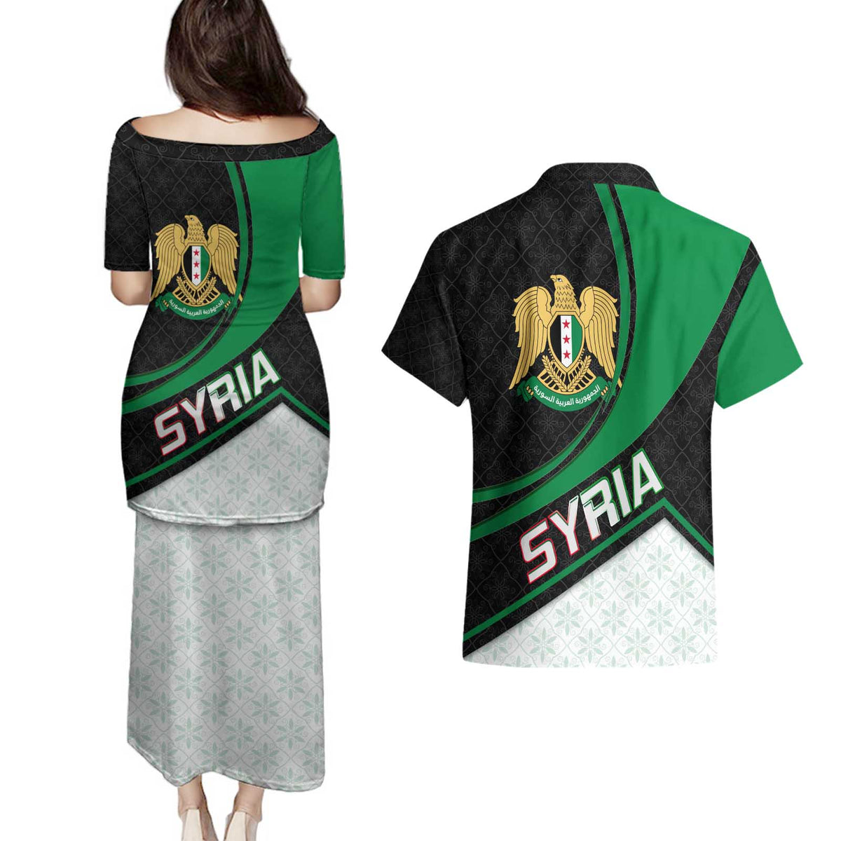 Syria Revolution Emblem Couples Matching Puletasi and Hawaiian Shirt with Traditional Pattern and Curved Green Black Design
