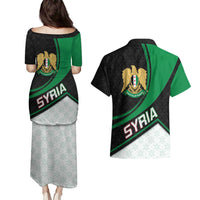 Syria Revolution Emblem Couples Matching Puletasi and Hawaiian Shirt with Traditional Pattern and Curved Green Black Design