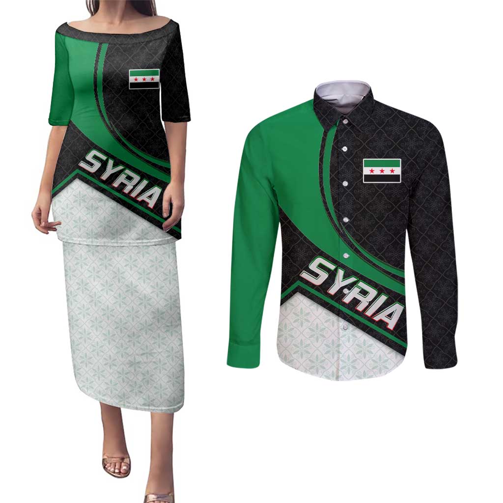 Syria Revolution Emblem Couples Matching Puletasi and Long Sleeve Button Shirt with Traditional Pattern and Curved Green Black Design