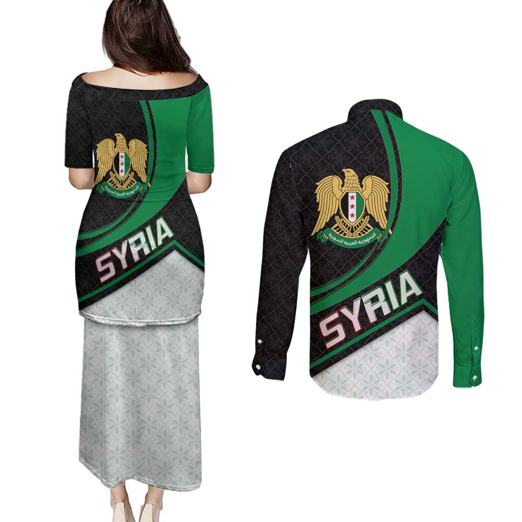 Syria Revolution Emblem Couples Matching Puletasi and Long Sleeve Button Shirt with Traditional Pattern and Curved Green Black Design