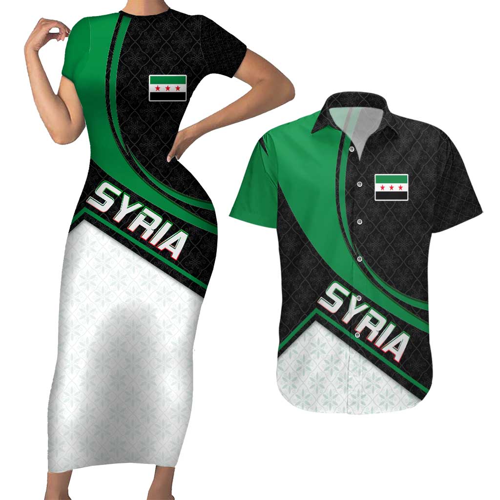 Syria Revolution Emblem Couples Matching Short Sleeve Bodycon Dress and Hawaiian Shirt with Traditional Pattern and Curved Green Black Design