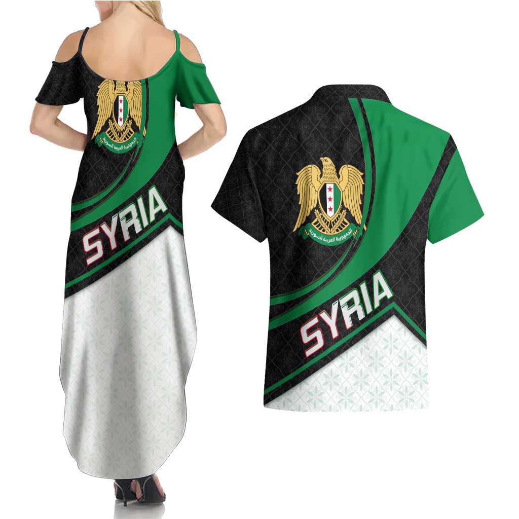 Syria Revolution Emblem Couples Matching Summer Maxi Dress and Hawaiian Shirt with Traditional Pattern and Curved Green Black Design