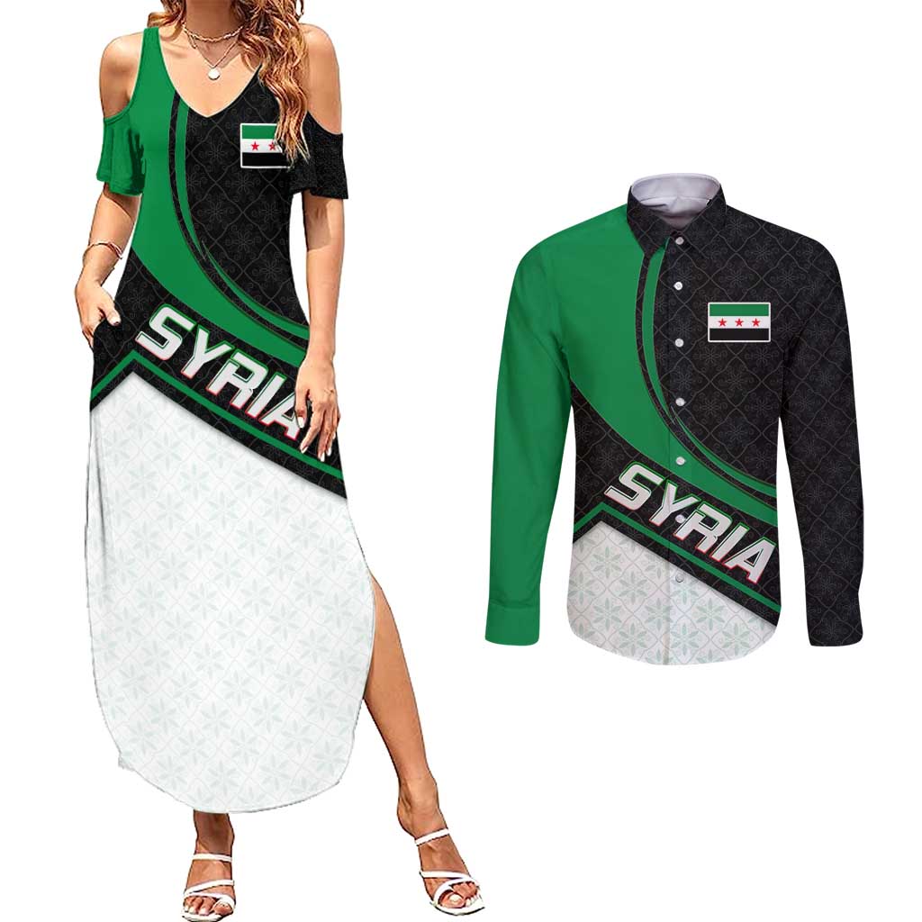Syria Revolution Emblem Couples Matching Summer Maxi Dress and Long Sleeve Button Shirt with Traditional Pattern and Curved Green Black Design