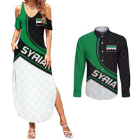 Syria Revolution Emblem Couples Matching Summer Maxi Dress and Long Sleeve Button Shirt with Traditional Pattern and Curved Green Black Design
