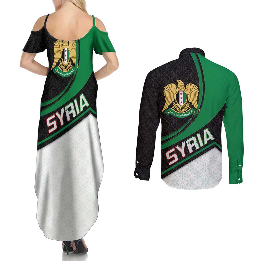Syria Revolution Emblem Couples Matching Summer Maxi Dress and Long Sleeve Button Shirt with Traditional Pattern and Curved Green Black Design