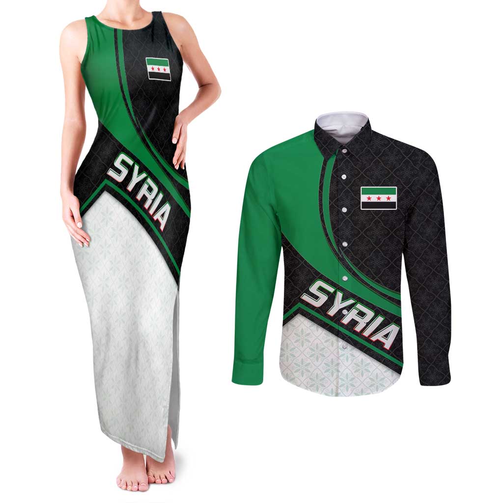 Syria Revolution Emblem Couples Matching Tank Maxi Dress and Long Sleeve Button Shirt with Traditional Pattern and Curved Green Black Design