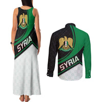 Syria Revolution Emblem Couples Matching Tank Maxi Dress and Long Sleeve Button Shirt with Traditional Pattern and Curved Green Black Design