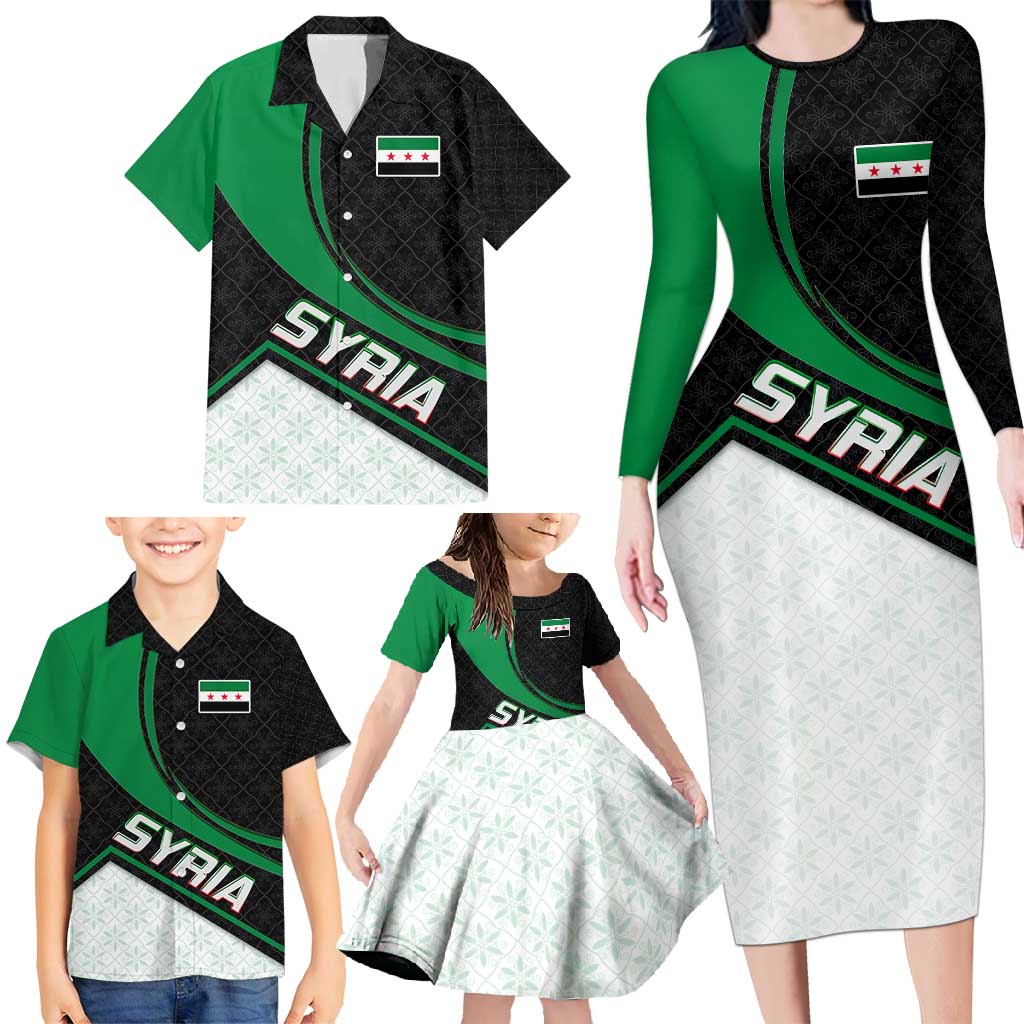 Syria Revolution Emblem Family Matching Long Sleeve Bodycon Dress and Hawaiian Shirt with Traditional Pattern and Curved Green Black Design