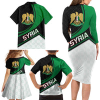 Syria Revolution Emblem Family Matching Long Sleeve Bodycon Dress and Hawaiian Shirt with Traditional Pattern and Curved Green Black Design