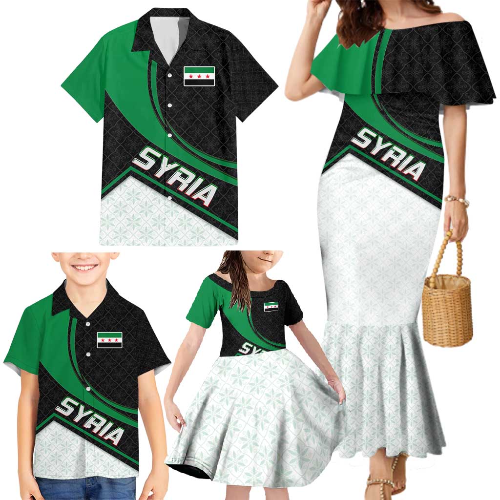 Syria Revolution Emblem Family Matching Mermaid Dress and Hawaiian Shirt with Traditional Pattern and Curved Green Black Design