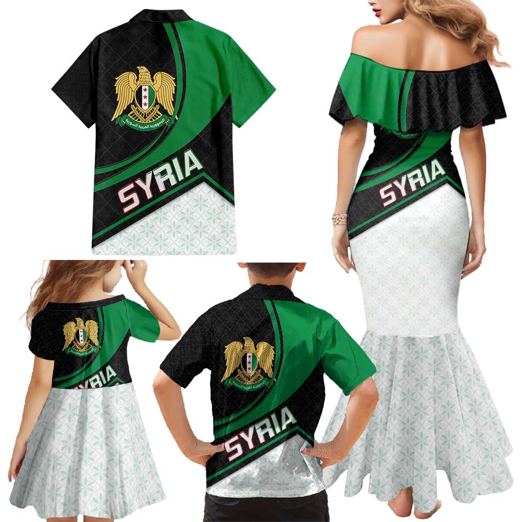 Syria Revolution Emblem Family Matching Mermaid Dress and Hawaiian Shirt with Traditional Pattern and Curved Green Black Design