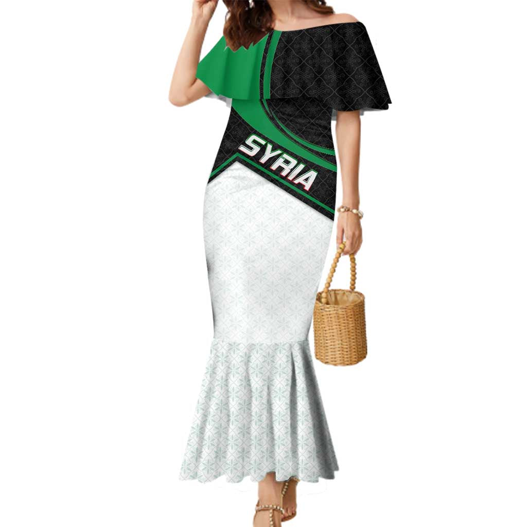 Syria Revolution Emblem Family Matching Mermaid Dress and Hawaiian Shirt with Traditional Pattern and Curved Green Black Design