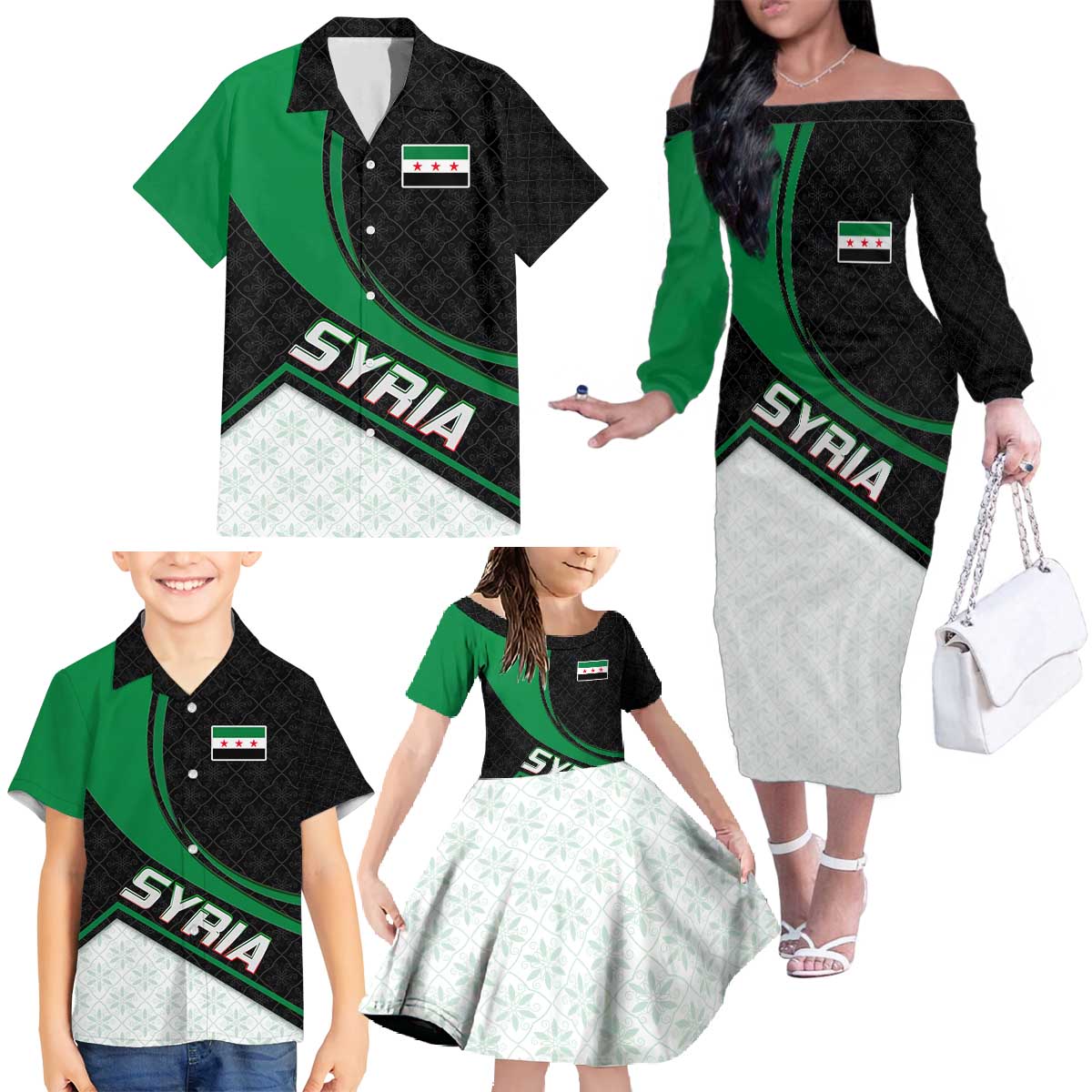 Syria Revolution Emblem Family Matching Off The Shoulder Long Sleeve Dress and Hawaiian Shirt with Traditional Pattern and Curved Green Black Design