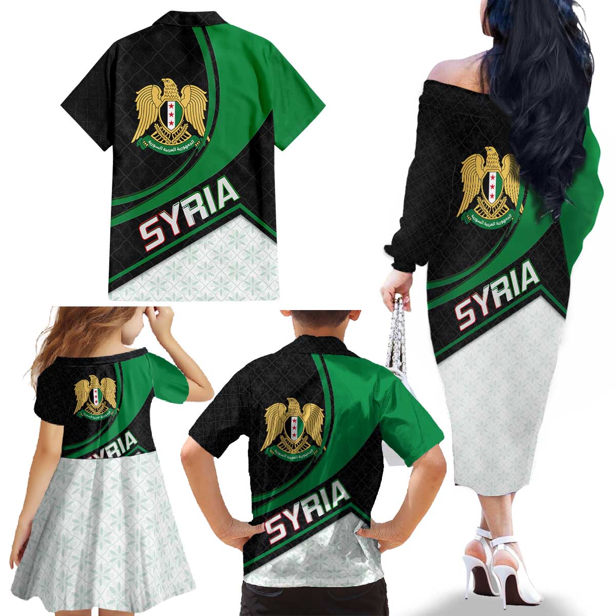Syria Revolution Emblem Family Matching Off The Shoulder Long Sleeve Dress and Hawaiian Shirt with Traditional Pattern and Curved Green Black Design