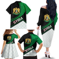 Syria Revolution Emblem Family Matching Off The Shoulder Long Sleeve Dress and Hawaiian Shirt with Traditional Pattern and Curved Green Black Design