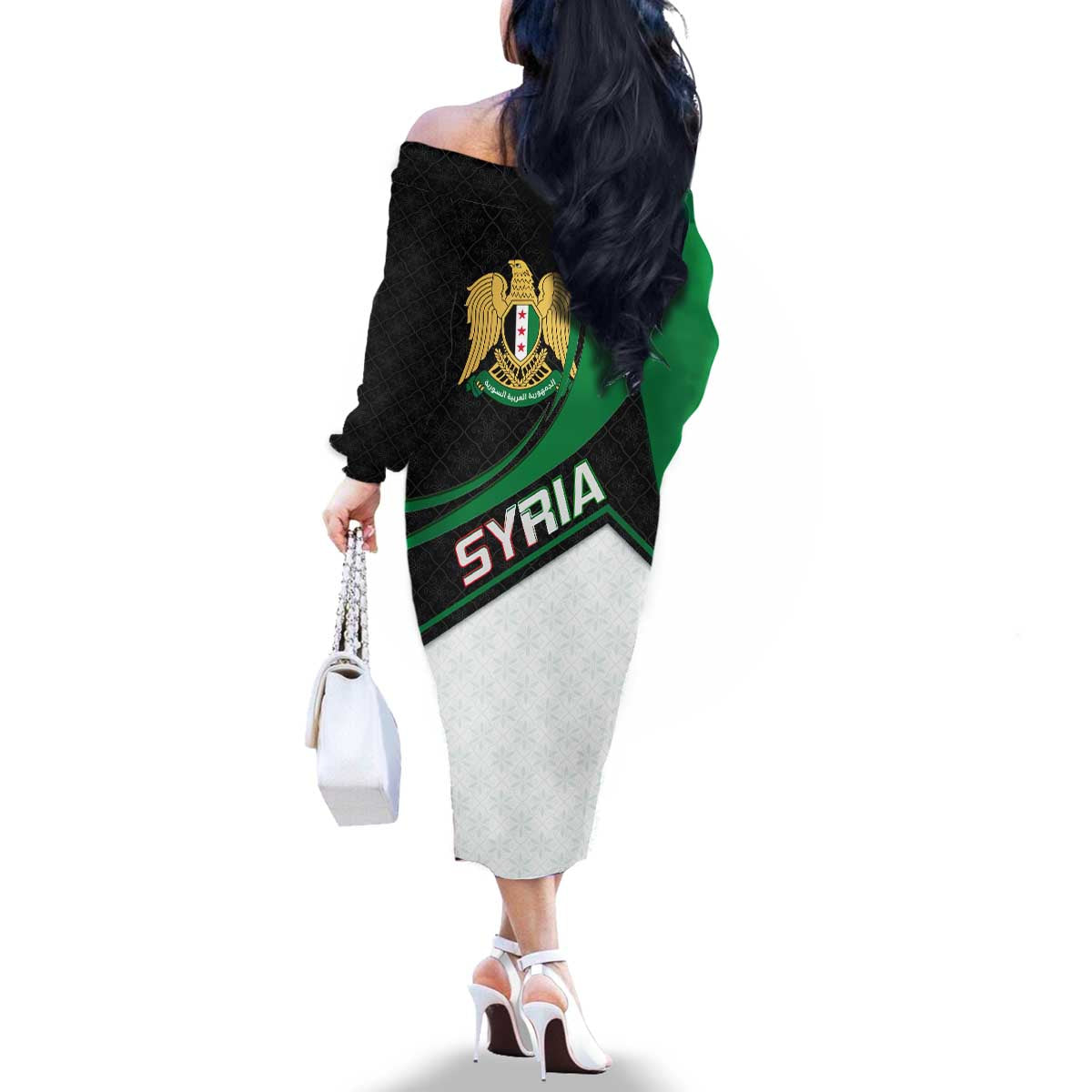Syria Revolution Emblem Family Matching Off The Shoulder Long Sleeve Dress and Hawaiian Shirt with Traditional Pattern and Curved Green Black Design