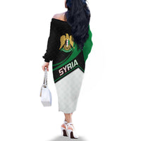 Syria Revolution Emblem Family Matching Off The Shoulder Long Sleeve Dress and Hawaiian Shirt with Traditional Pattern and Curved Green Black Design