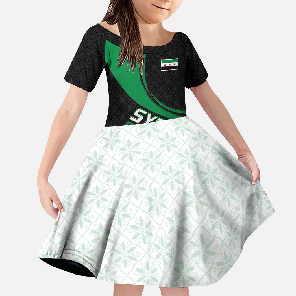 Syria Revolution Emblem Family Matching Off Shoulder Maxi Dress and Hawaiian Shirt with Traditional Pattern and Curved Green Black Design