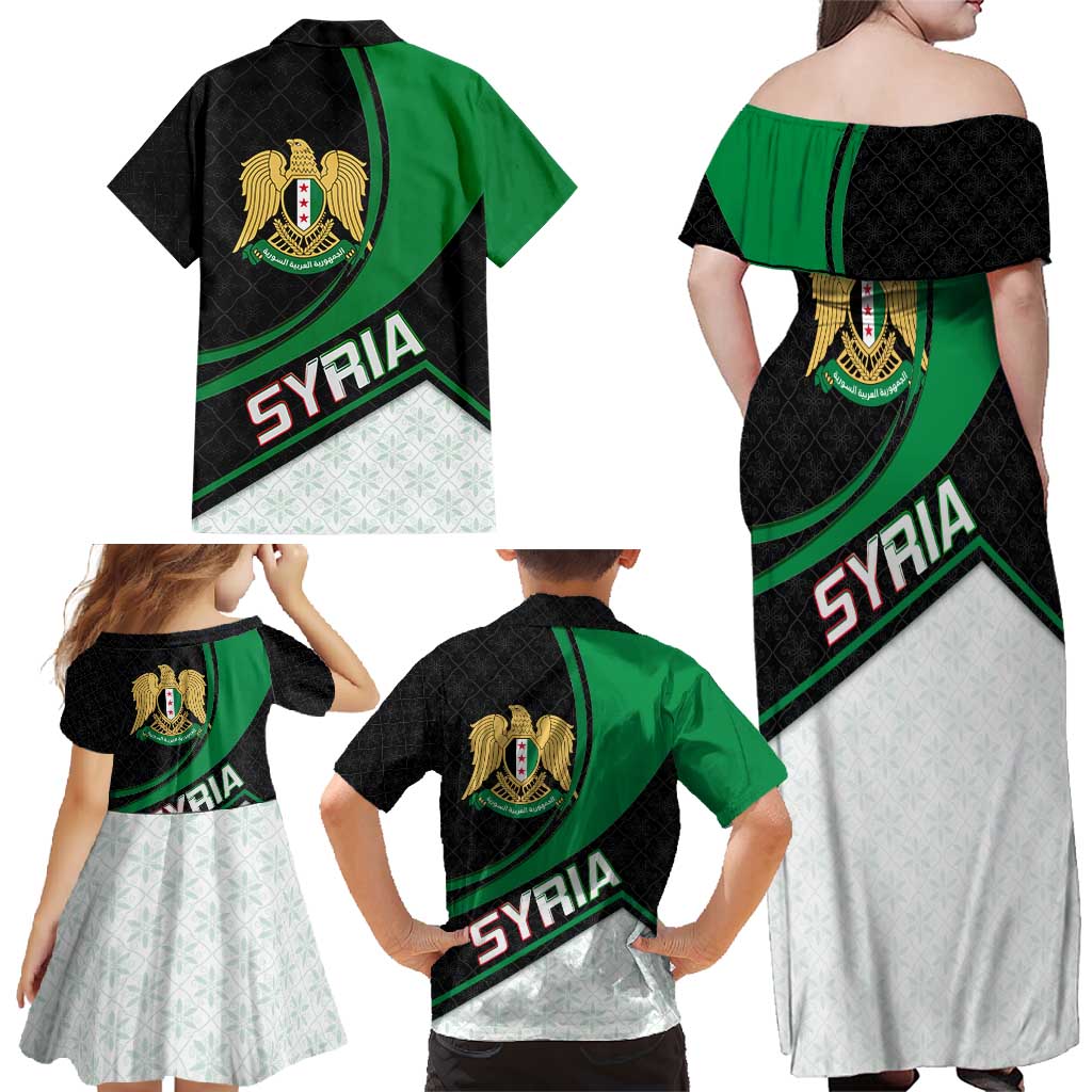 Syria Revolution Emblem Family Matching Off Shoulder Maxi Dress and Hawaiian Shirt with Traditional Pattern and Curved Green Black Design