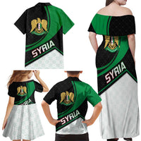 Syria Revolution Emblem Family Matching Off Shoulder Maxi Dress and Hawaiian Shirt with Traditional Pattern and Curved Green Black Design