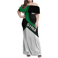Syria Revolution Emblem Family Matching Off Shoulder Maxi Dress and Hawaiian Shirt with Traditional Pattern and Curved Green Black Design