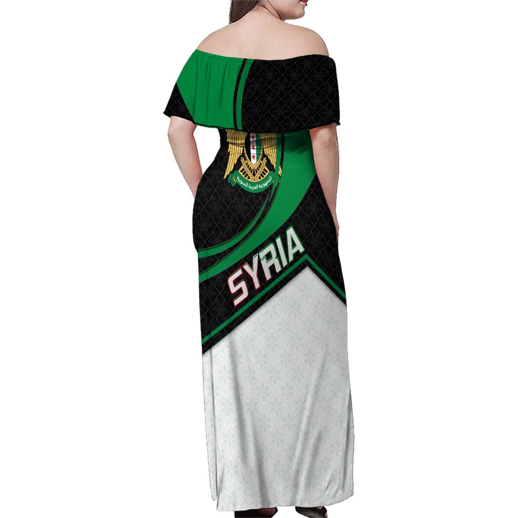 Syria Revolution Emblem Family Matching Off Shoulder Maxi Dress and Hawaiian Shirt with Traditional Pattern and Curved Green Black Design