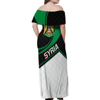 Syria Revolution Emblem Family Matching Off Shoulder Maxi Dress and Hawaiian Shirt with Traditional Pattern and Curved Green Black Design