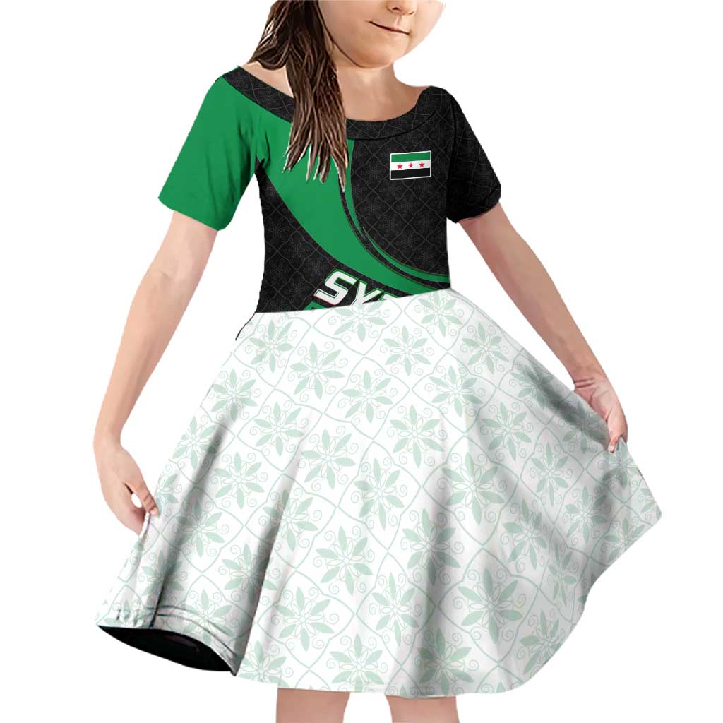 Syria Revolution Emblem Family Matching Off Shoulder Short Dress and Hawaiian Shirt with Traditional Pattern and Curved Green Black Design