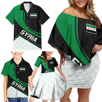 Syria Revolution Emblem Family Matching Off Shoulder Short Dress and Hawaiian Shirt with Traditional Pattern and Curved Green Black Design