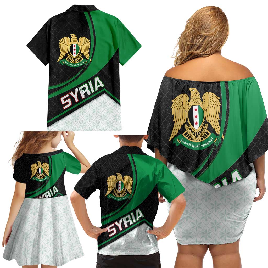Syria Revolution Emblem Family Matching Off Shoulder Short Dress and Hawaiian Shirt with Traditional Pattern and Curved Green Black Design