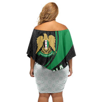 Syria Revolution Emblem Family Matching Off Shoulder Short Dress and Hawaiian Shirt with Traditional Pattern and Curved Green Black Design
