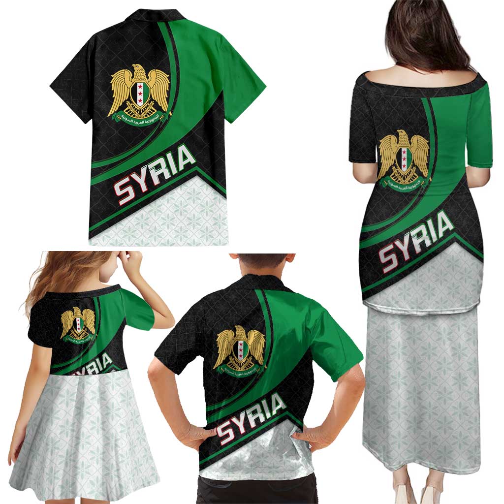 Syria Revolution Emblem Family Matching Puletasi and Hawaiian Shirt with Traditional Pattern and Curved Green Black Design