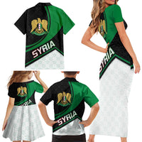 Syria Revolution Emblem Family Matching Short Sleeve Bodycon Dress and Hawaiian Shirt with Traditional Pattern and Curved Green Black Design