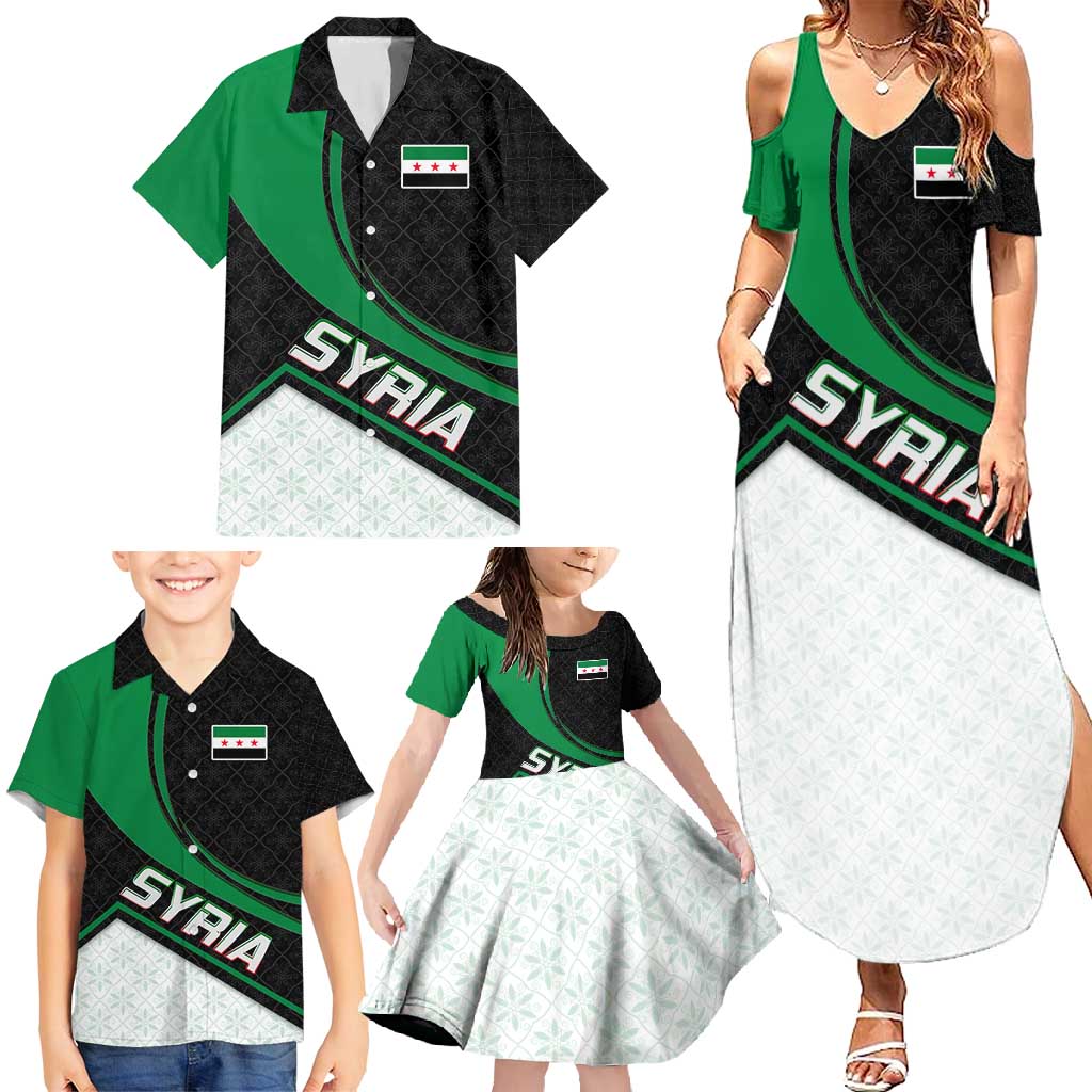 Syria Revolution Emblem Family Matching Summer Maxi Dress and Hawaiian Shirt with Traditional Pattern and Curved Green Black Design